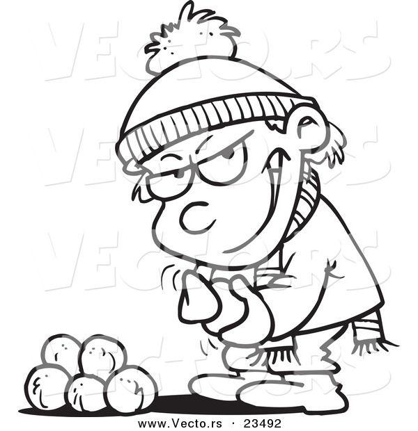 Cartoon Vector of Cartoon Boy Gathering Snowballs for a Fight - Coloring Page Outline