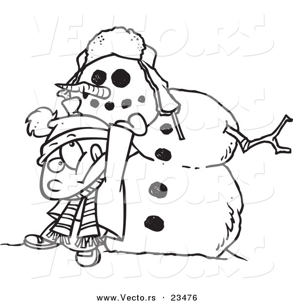 Cartoon Vector of Cartoon Boy Putting a Head on a Snowman - Coloring Page Outline