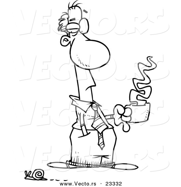 Cartoon Vector of Cartoon Businessman Holding Coffee and Watching a Snail Pass - Coloring Page Outline