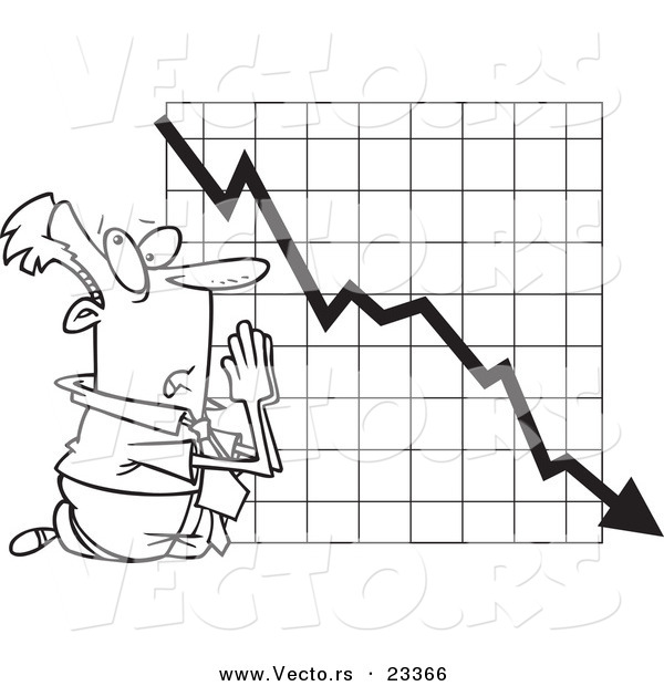 Cartoon Vector of Cartoon Businessman Praying by a Failing Chart - Coloring Page Outline