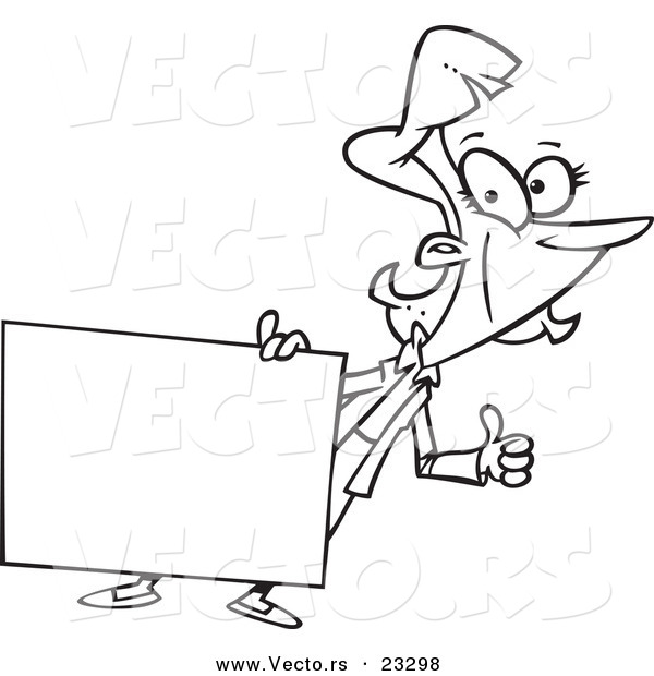 Cartoon Vector of Cartoon Businesswoman Holding a Blank Sign - Coloring Page Outline