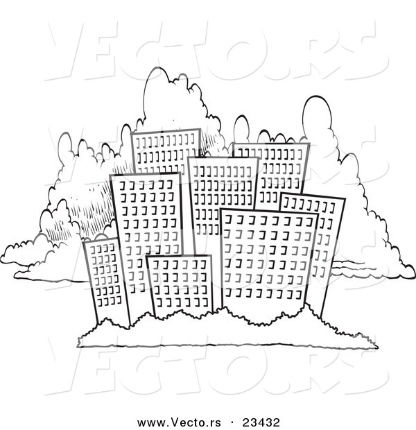 Cartoon Vector of Cartoon City Skyline Against Clouds - Coloring Page Outline