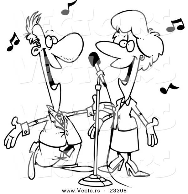 Cartoon Vector of Cartoon Couple Singing - Coloring Page Outline