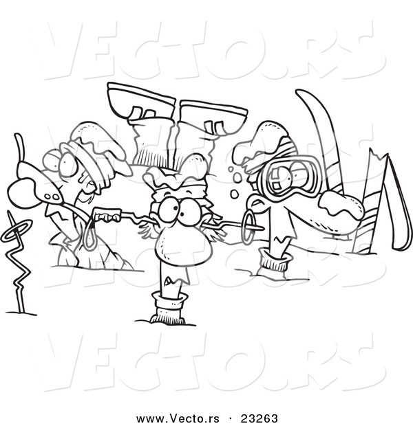 Cartoon Vector of Cartoon Crashed Skiers - Coloring Page Outline