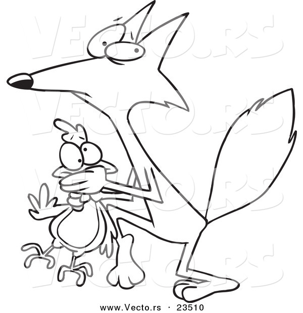 Cartoon Vector of Cartoon Fox Stealing a Chicken - Coloring Page Outline