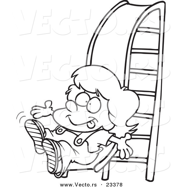 Cartoon Vector of Cartoon Girl on a Slide - Coloring Page Outline
