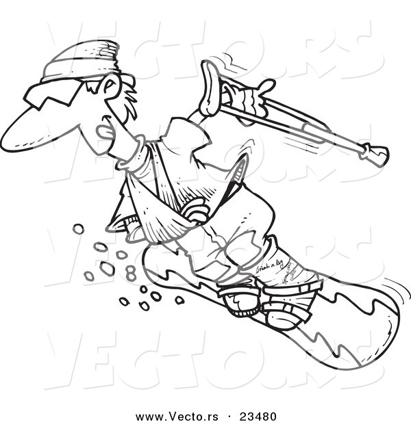 Cartoon Vector of Cartoon Injured Snowboarder - Coloring Page Outline