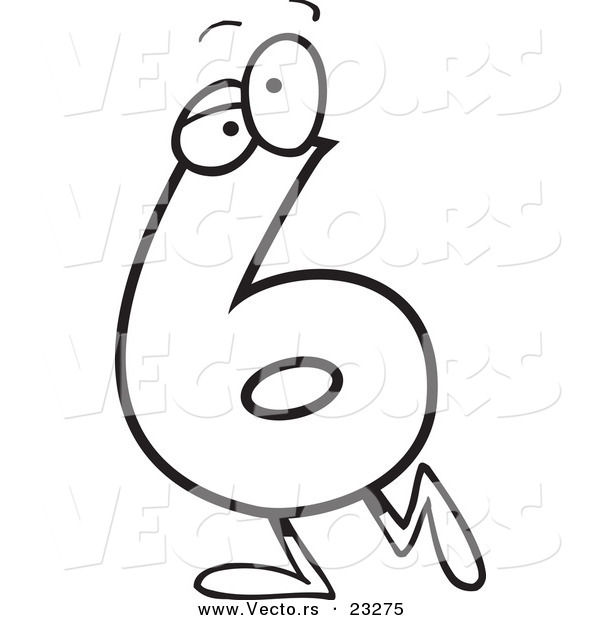 Cartoon Vector of Cartoon Number Six 6 Character - Coloring Page Outline