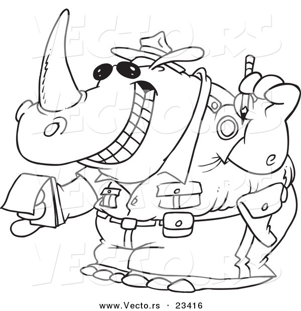Cartoon Vector of Cartoon Police Rhino Issuing a Ticket - Coloring Page Outline