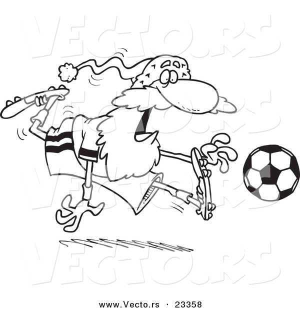 Cartoon Vector of Cartoon Santa Playing Soccer - Coloring Page Outline