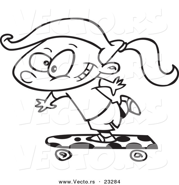 Cartoon Vector of Cartoon Skateboarding Girl - Coloring Page Outline
