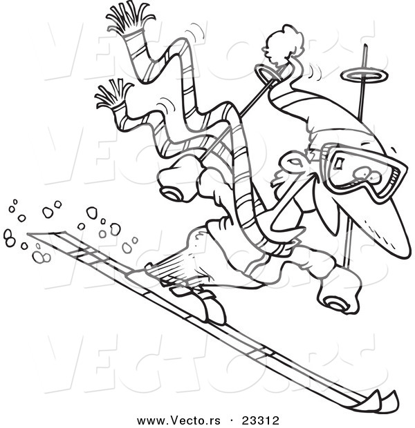Cartoon Vector of Cartoon Skier Guy - Coloring Page Outline