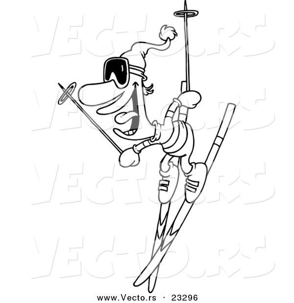 Cartoon Vector of Cartoon Skier Man - Coloring Page Outline