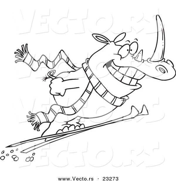 Cartoon Vector of Cartoon Skiing Rhino - Coloring Page Outline