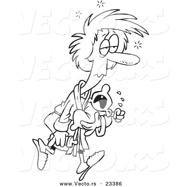 Cartoon Vector of Cartoon Sleepless Mother Carrying a Crying Baby - Coloring Page Outline