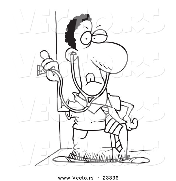 Cartoon Vector of Cartoon Snooping Black Businessman Holding a Stethoscope to a Wall - Coloring Page Outline