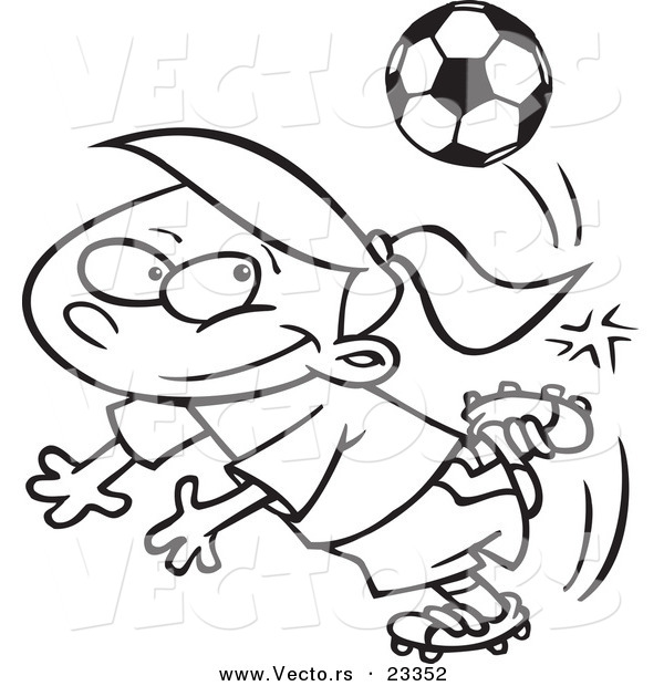 Cartoon Vector of Cartoon Soccer Girl Doing a Kick Trick - Coloring Page Outline