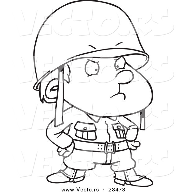Cartoon Vector of Cartoon Strict Soldier Boy - Coloring Page Outline