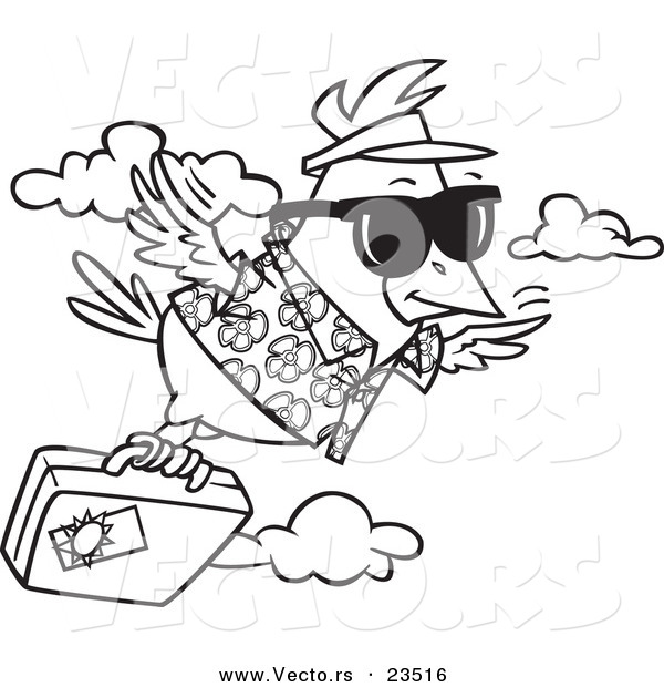 Cartoon Vector of Cartoon Traveling Bird Flying with Luggage - Coloring Page Outline