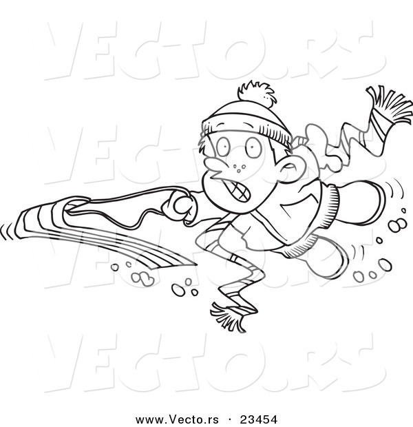 Cartoon Vector of Cartoon Winter Boy Falling off His Sled - Coloring Page Outline