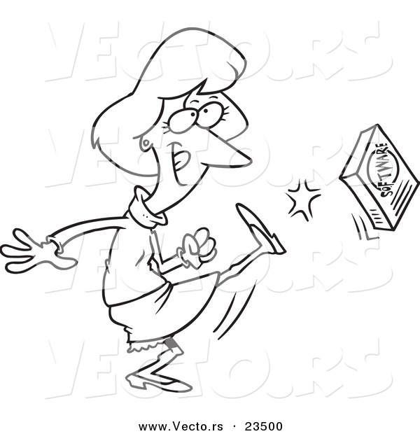 Cartoon Vector of Cartoon Woman Kicking Software - Coloring Page Outline