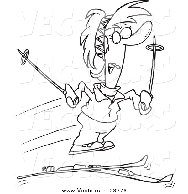 Cartoon Vector of Cartoon Woman Losing Her Skis - Coloring Page Outline