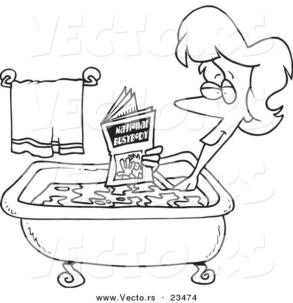 Cartoon Vector of Cartoon Woman Reading in the Bath Tub - Coloring Page Outline