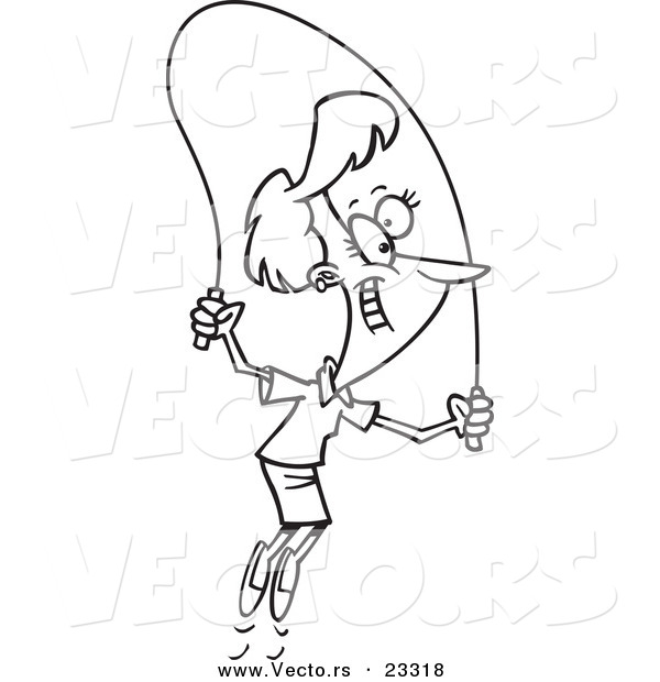 Cartoon Vector of Cartoon Woman Skipping Rope - Coloring Page Outline