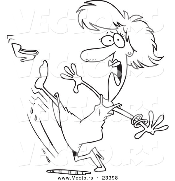 Cartoon Vector of Cartoon Woman Slipping in a Puddle - Coloring Page Outline