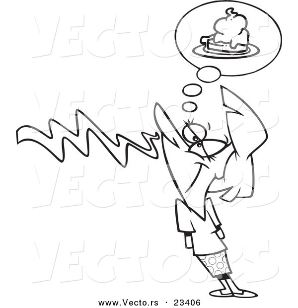 Cartoon Vector of Cartoon Woman Smelling Pie - Coloring Page Outline