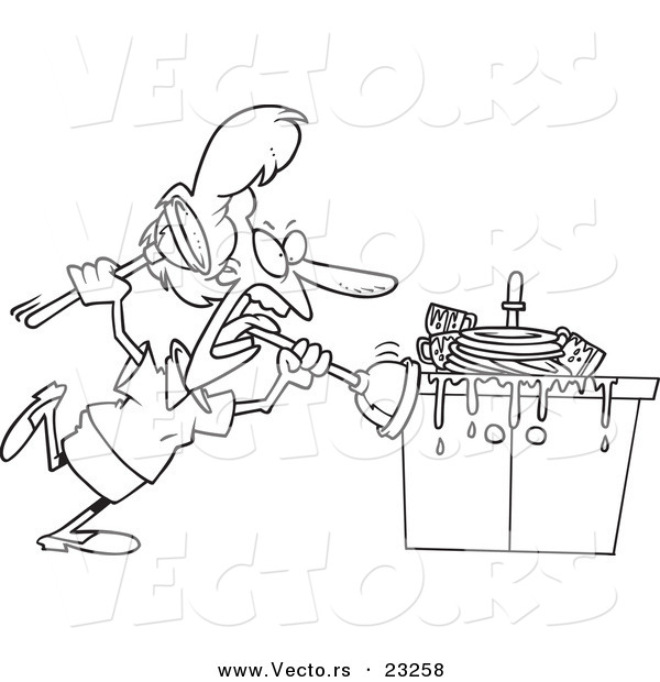 Cartoon Vector of Cartoon Woman Tackling a Sink with a Plunger - Coloring Page Outline