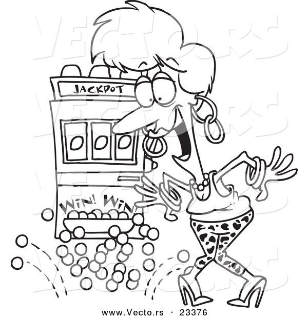 Cartoon Vector of Cartoon Woman Winning the Jackpot - Coloring Page Outline