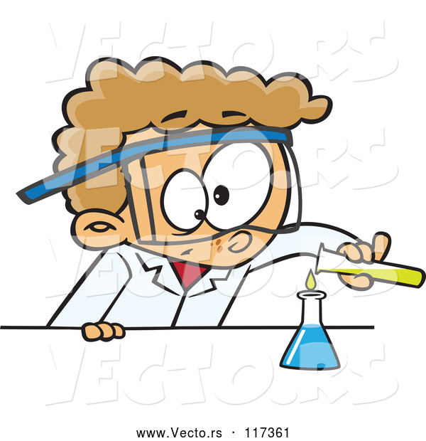 Cartoon Vector of Caucasian Boy Scientist Pouring Chemicals into a Beaker