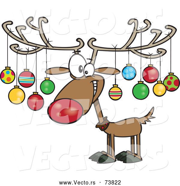 Cartoon Vector of Christmas Reindeer Decorated with Ornaments on Antlers