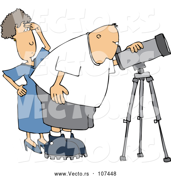Cartoon Vector of Chubby White Male Astronomer and His Wife Looking Through a Telescope