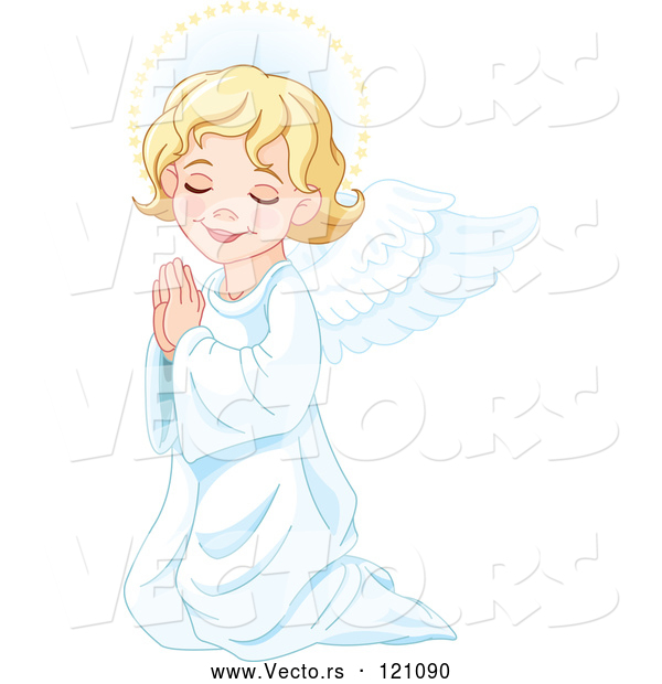 Cartoon Vector of Cute Blond Angel Girl Kneeling in Prayer