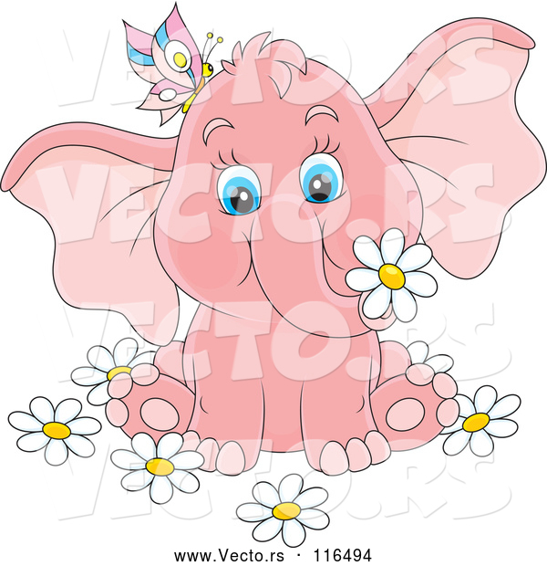 Cartoon Vector of Cute Pink Elephant with a Butterfly and Flowers