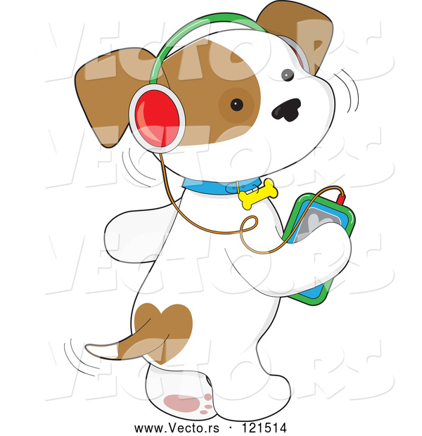Cartoon Vector of Cute Puppy Dog Wagging His Tail and Listening to Music Through an Mp3 Player