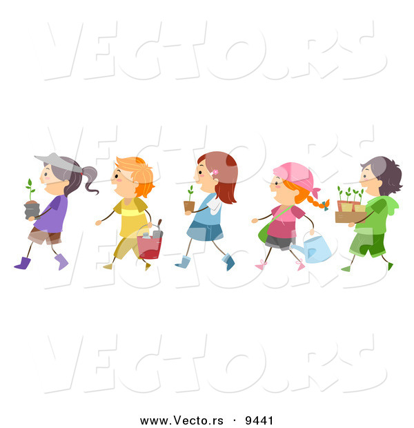 Cartoon Vector of Diverse Children Walking in Line with Garden Plants