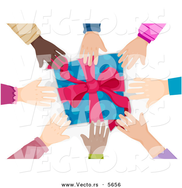 Cartoon Vector of Diverse Group of Hands Reaching for a Present