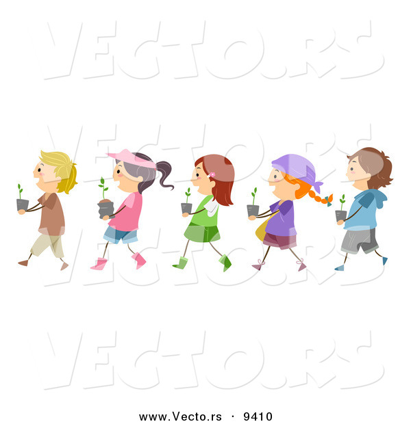 Cartoon Vector of Diverse Kids Carrying Garden Plants While Walking in a Line