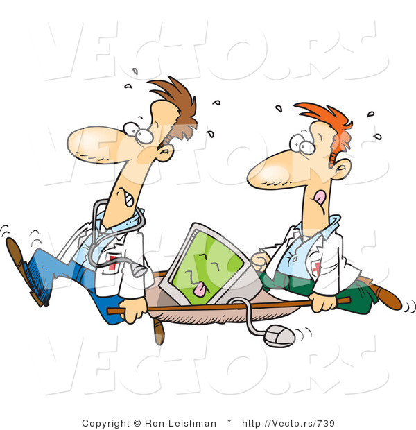 Cartoon Vector of Doctors Rushing Sick Computer on a Gurney to a Hospital Medical Room