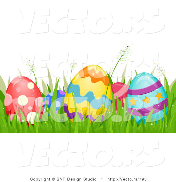 Cartoon Vector of Easter Eggs Hidden in Grass Border