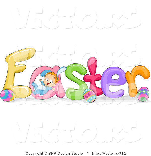 Cartoon Vector of Easter Font with Eggs and Baby