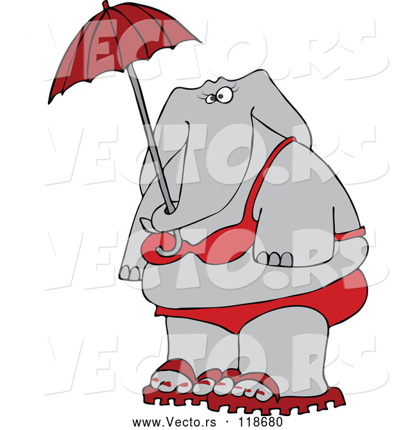 Cartoon Vector of Elephant in a Red Bikini, Holding an Umbrella