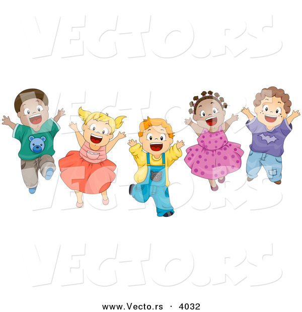 Cartoon Vector of Energetic Diverse Children Happily Jumping up and down