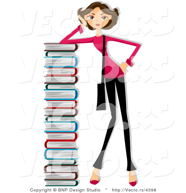 Cartoon Vector of Girl Leaning Against Tall Stack of School Books