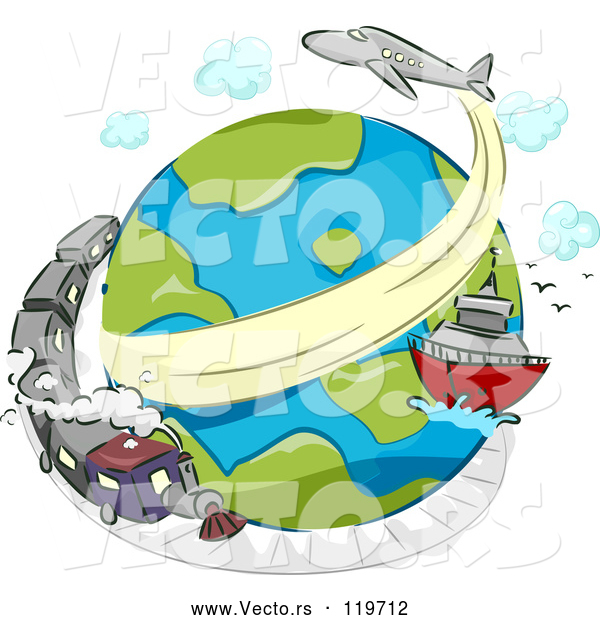 Cartoon Vector of Globe with a Train Ship and Airplane