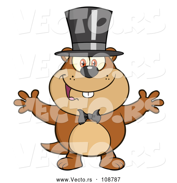 Cartoon Vector of Groundhog Wearing a Hat and Welcoming