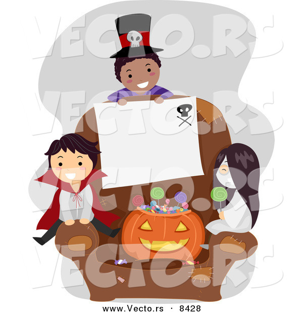 Cartoon Vector of Halloween Kids with Blank Sign on a Chair